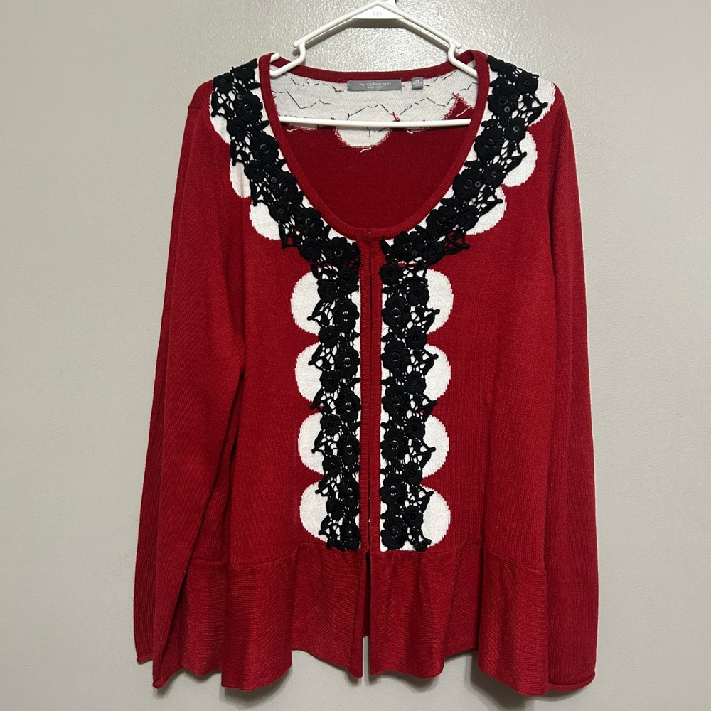 NY Collection Cardigan Woman 2X Red Polka Dot Lace Sequin Peplum Hem Whimsical
